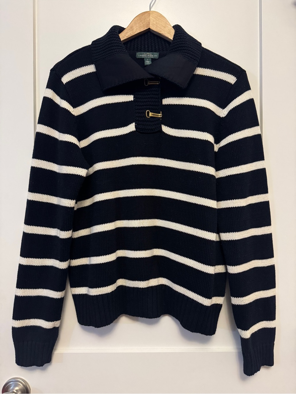 lRL Ralph Lauren Striped Crewneck Sweater with Toggle Detail L